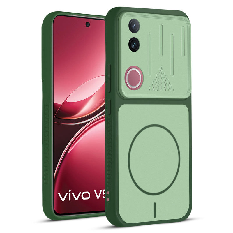 Front and back view of Green protective back cover for Vivo V50 5G with textured sides, camera guard and slim fit design.