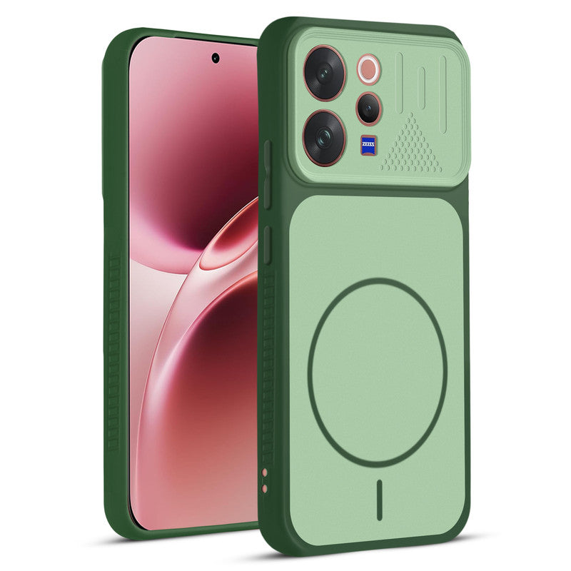 Front and back view of Green protective back cover for Vivo V70 5G with textured sides, camera guard and slim fit design.