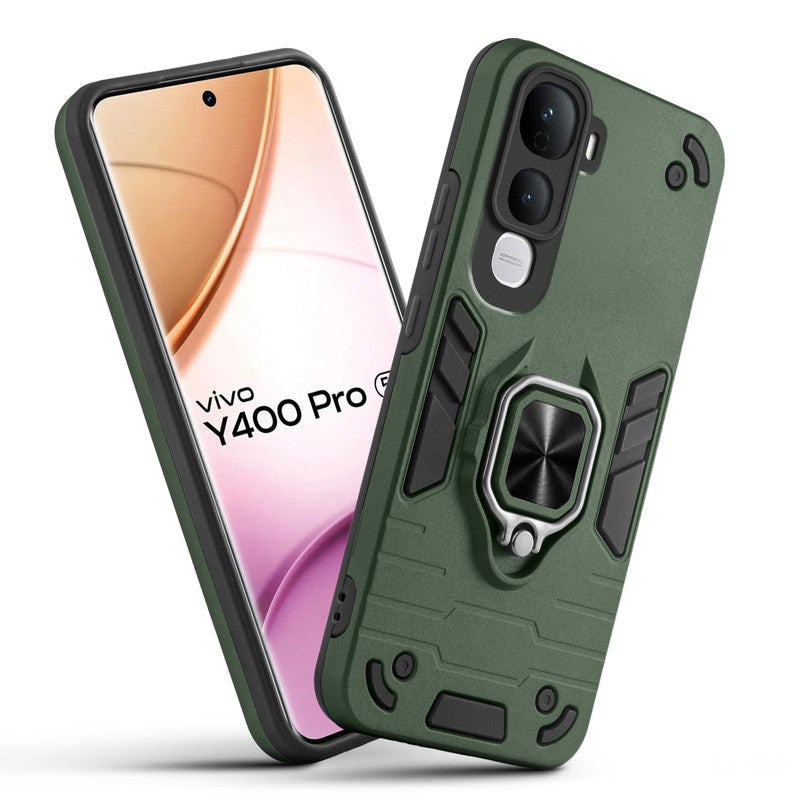 Front and back view of Vivo Y400 Pro 5G fitted with a protective case and ring grip