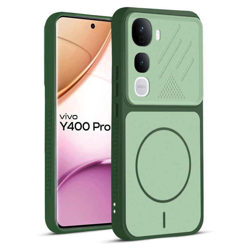 Front and back view of Green protective back cover for Vivo Y400 Pro 5G with textured sides, camera guard and slim fit design.