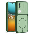 Front and back view of Green protective back cover for iQOO Z10R 5G with textured sides, camera guard and slim fit design.