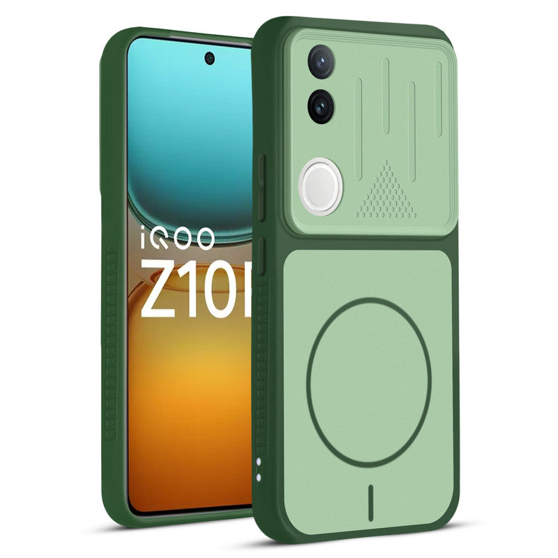 Front and back view of Green protective back cover for iQOO Z10R 5G with textured sides, camera guard and slim fit design.