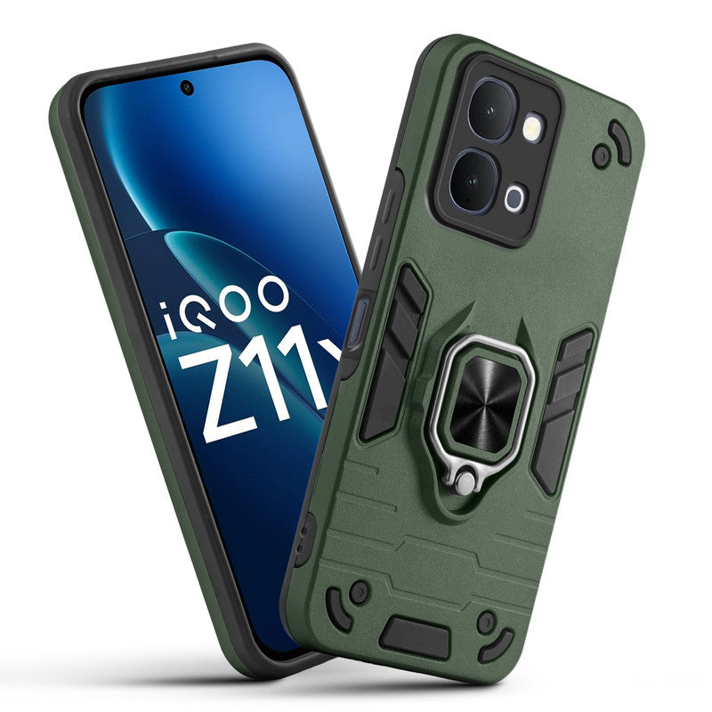 Front and back view of iQOO Z11x 5G fitted with a protective case and ring grip
