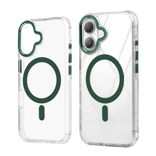 Premium Crystal Clear Hard Back Case For Apple iPhone 16 with Strong MagSafe Magnet & Colored Metal finish Ring Camera Protection