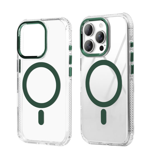 Premium Crystal Clear Hard Back Case For Apple iPhone 15 Pro Max with Strong MagSafe Magnet & Colored Metal finish Ring Camera Protection