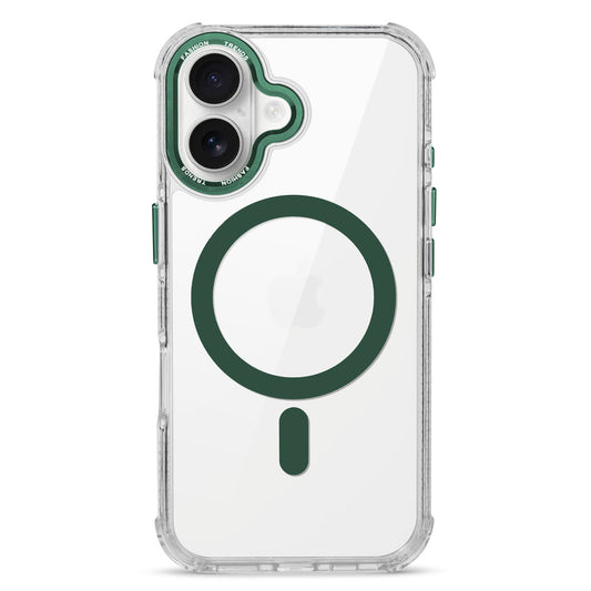 Premium Crystal Clear Hard Back Case For Apple iPhone 16 with Strong MagSafe Magnet & Colored Metal finish Ring Camera Protection
