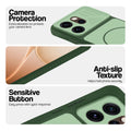 Green phone case for Oppo Reno 15 Pro 5G showing camera safety edges, anti slip side grip and easy press button covers.