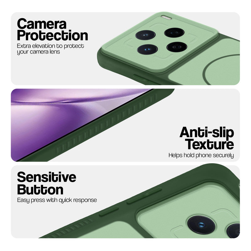 Green phone case for Vivo X200T 5G showing camera safety edges, anti slip side grip and easy press button covers.