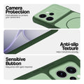Green phone case for Oppo Reno 15 Pro Mini 5G showing camera safety edges, anti slip side grip and easy press button covers.