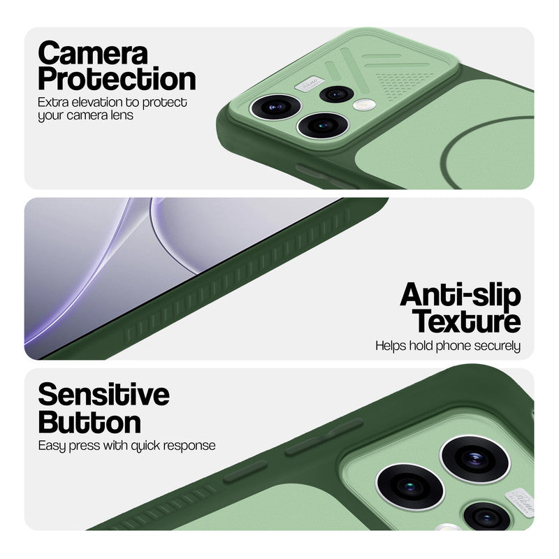 Green phone case for Oppo Reno 15 5G showing camera safety edges, anti slip side grip and easy press button covers.