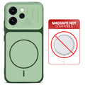 Green back cover for Oppo Reno 15 Pro Mini 5G with printed ring pattern and message showing not compatible with MagSafe charging.