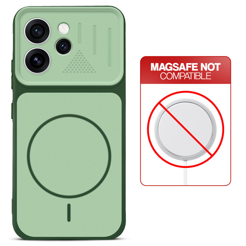 Green back cover for Oppo Reno 15 Pro Mini 5G with printed ring pattern and message showing not compatible with MagSafe charging.