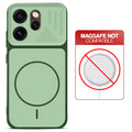 Green back cover for Oppo Reno 15 Pro 5G with printed ring pattern and message showing not compatible with MagSafe charging.