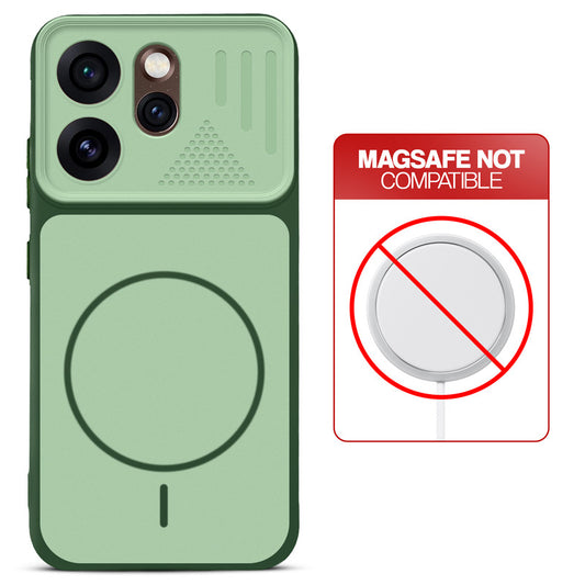 Green back cover for Oppo Reno 15 Pro 5G with printed ring pattern and message showing not compatible with MagSafe charging.