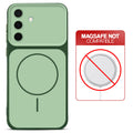 Dual tone silicone Green phone cover for Samsung A56 5G showing wireless charging not supported notice