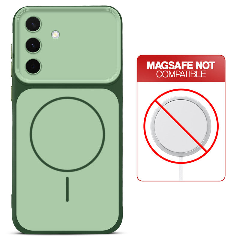 Dual tone silicone Green phone cover for Samsung A56 5G showing wireless charging not supported notice