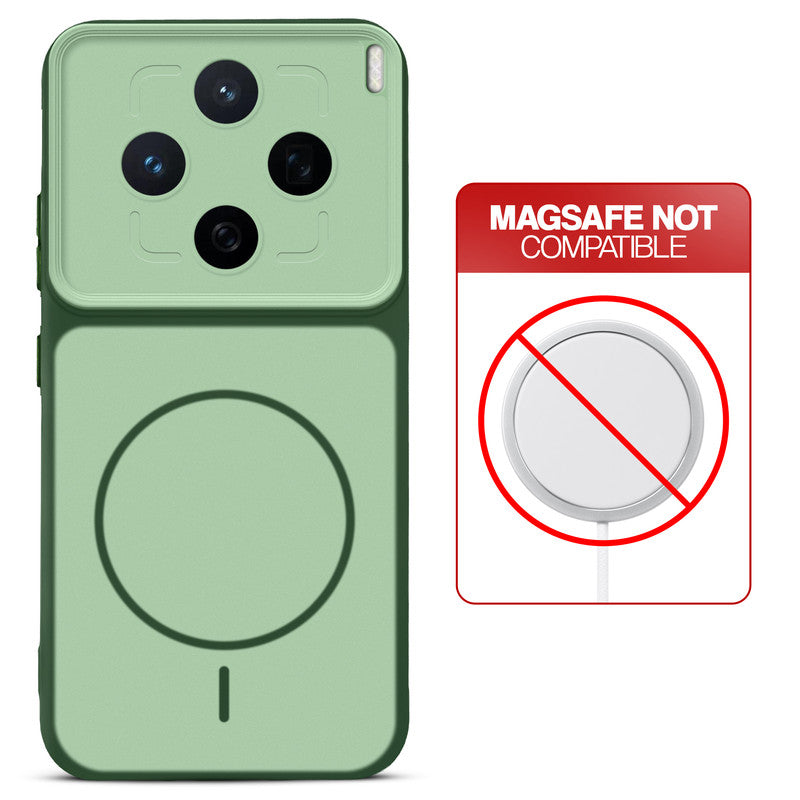 Green back cover for Vivo X200T 5G with printed ring pattern and message showing not compatible with MagSafe charging.