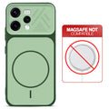 Green back cover for Oppo Reno 15 5G with printed ring pattern and message showing not compatible with MagSafe charging.