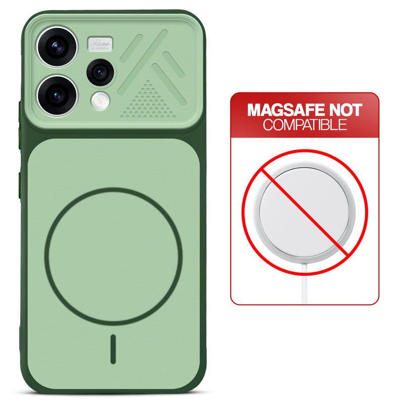 Green back cover for Oppo Reno 15 5G with printed ring pattern and message showing not compatible with MagSafe charging.