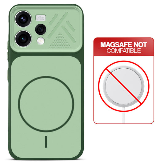 Green back cover for Oppo Reno 15 5G with printed ring pattern and message showing not compatible with MagSafe charging.