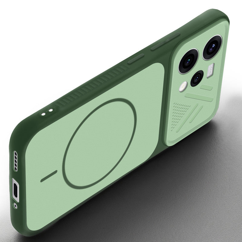 Angled view of Green mobile case for Oppo Reno 15 5G with proper charging port cutout, speaker holes and strong corner protection.