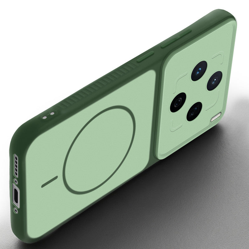 Angled view of Green mobile case for Vivo X200T 5G with proper charging port cutout, speaker holes and strong corner protection.