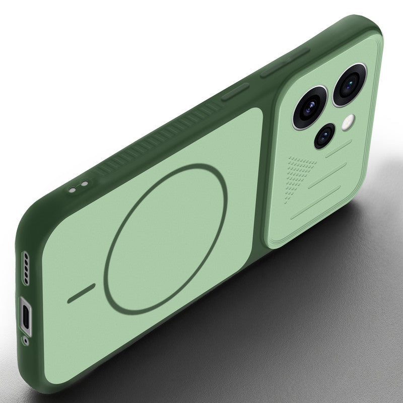 Angled view of Green mobile case for Oppo Reno 15 Pro Mini 5G with proper charging port cutout, speaker holes and strong corner protection.