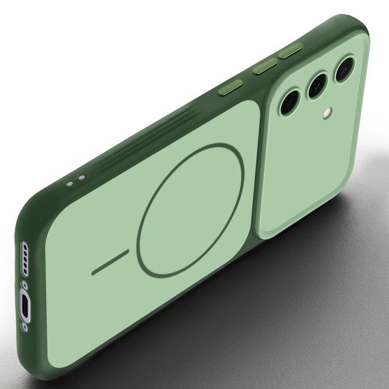 Slim silicone Green phone case for Samsung A56 5G side angle view showing grip texture and precise cutouts