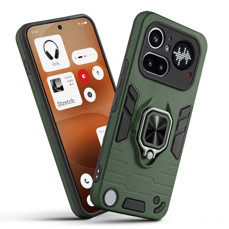 Front and back view of Nothing Phone 4A Pro 5G fitted with a protective case and ring grip