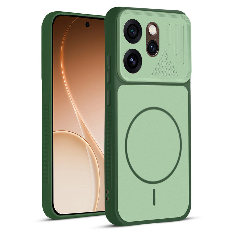 Front and back view of Green protective back cover for Oppo Reno 15 Pro 5G with textured sides, camera guard and slim fit design.