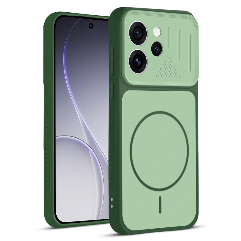 Front and back view of Green protective back cover for Oppo Reno 15 Pro Mini 5G with textured sides, camera guard and slim fit design.