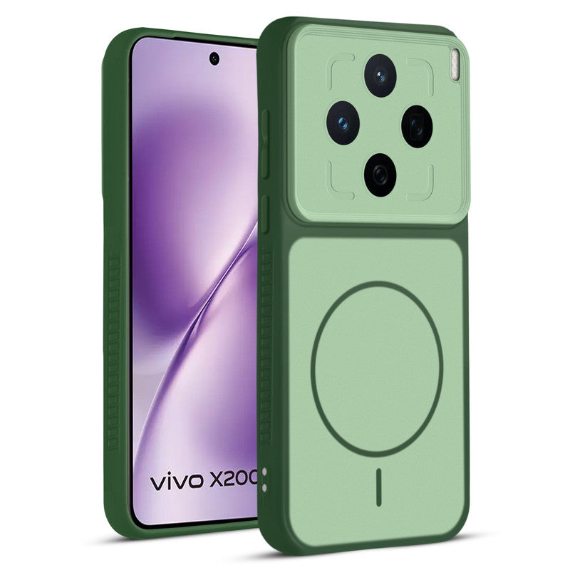 Front and back view of Green protective back cover for Vivo X200T 5G with textured sides, camera guard and slim fit design.