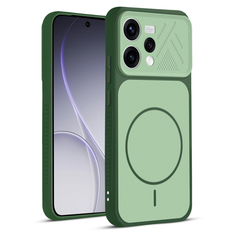 Front and back view of Green protective back cover for Oppo Reno 15 5G with textured sides, camera guard and slim fit design.