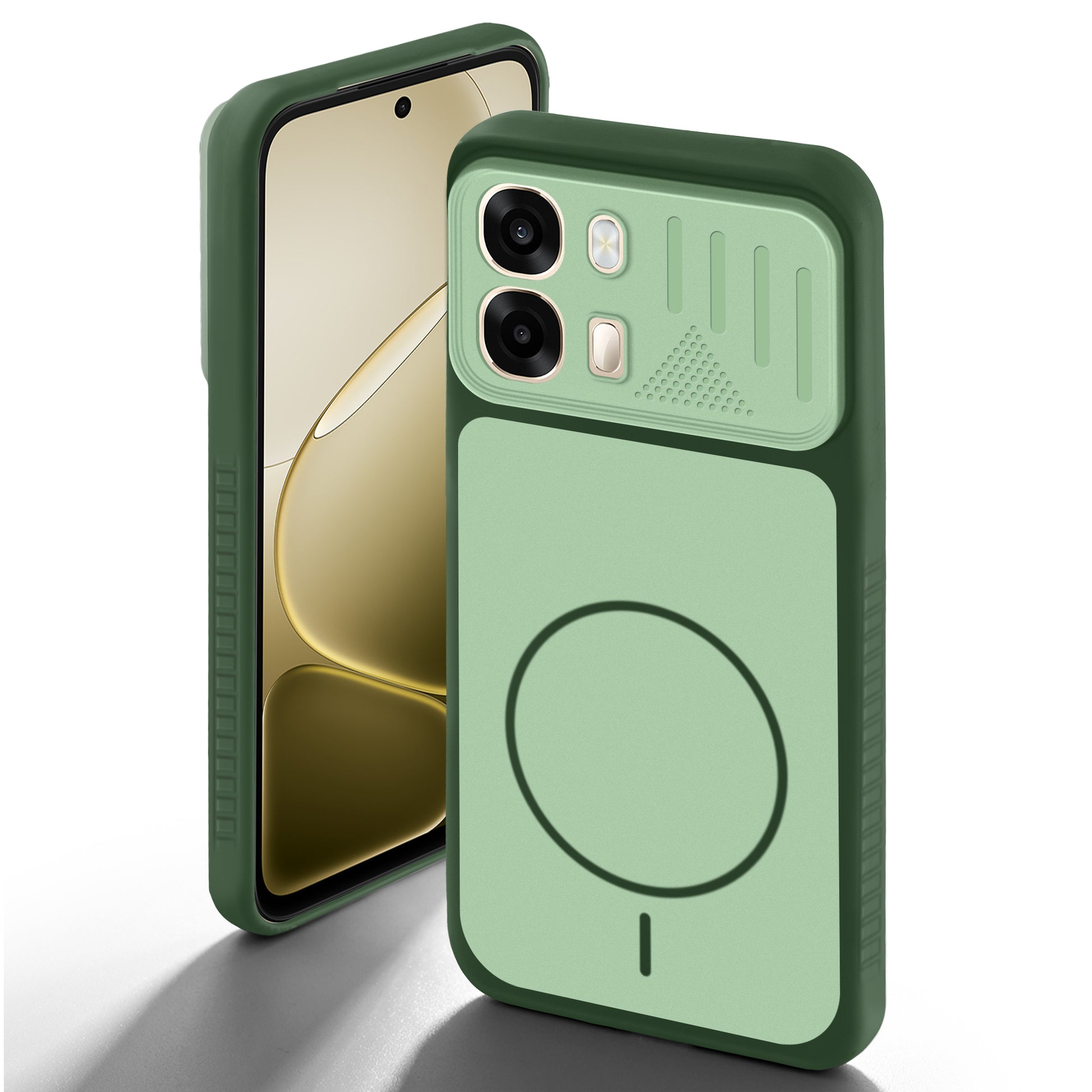 Green back cover for Oppo A6 Pro 5G with camera cut protection and ring design on back side.