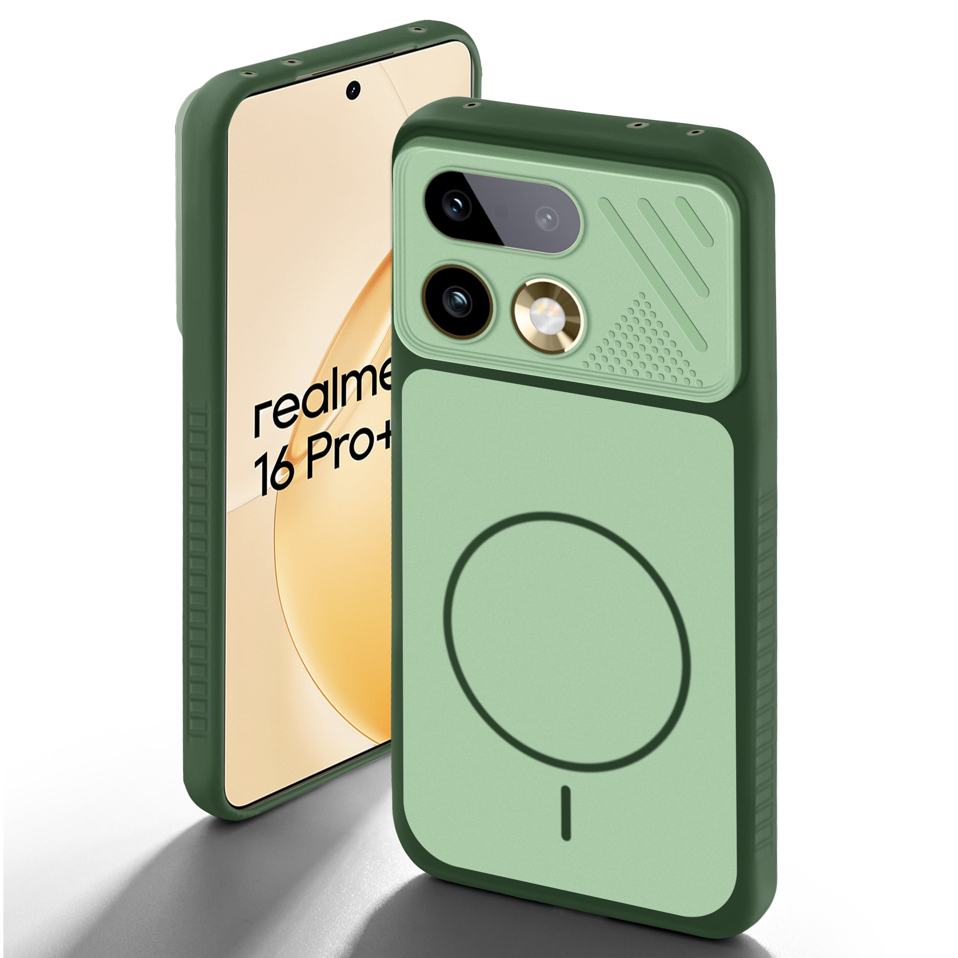 Green back cover for Realme 16 Pro Plus 5G with camera cut protection and ring design on back side.