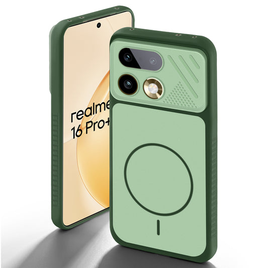 Green back cover for Realme 16 Pro Plus 5G with camera cut protection and ring design on back side.