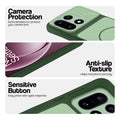 Green phone case for OnePlus 15 5G showing camera safety edges, anti slip side grip and easy press button covers.