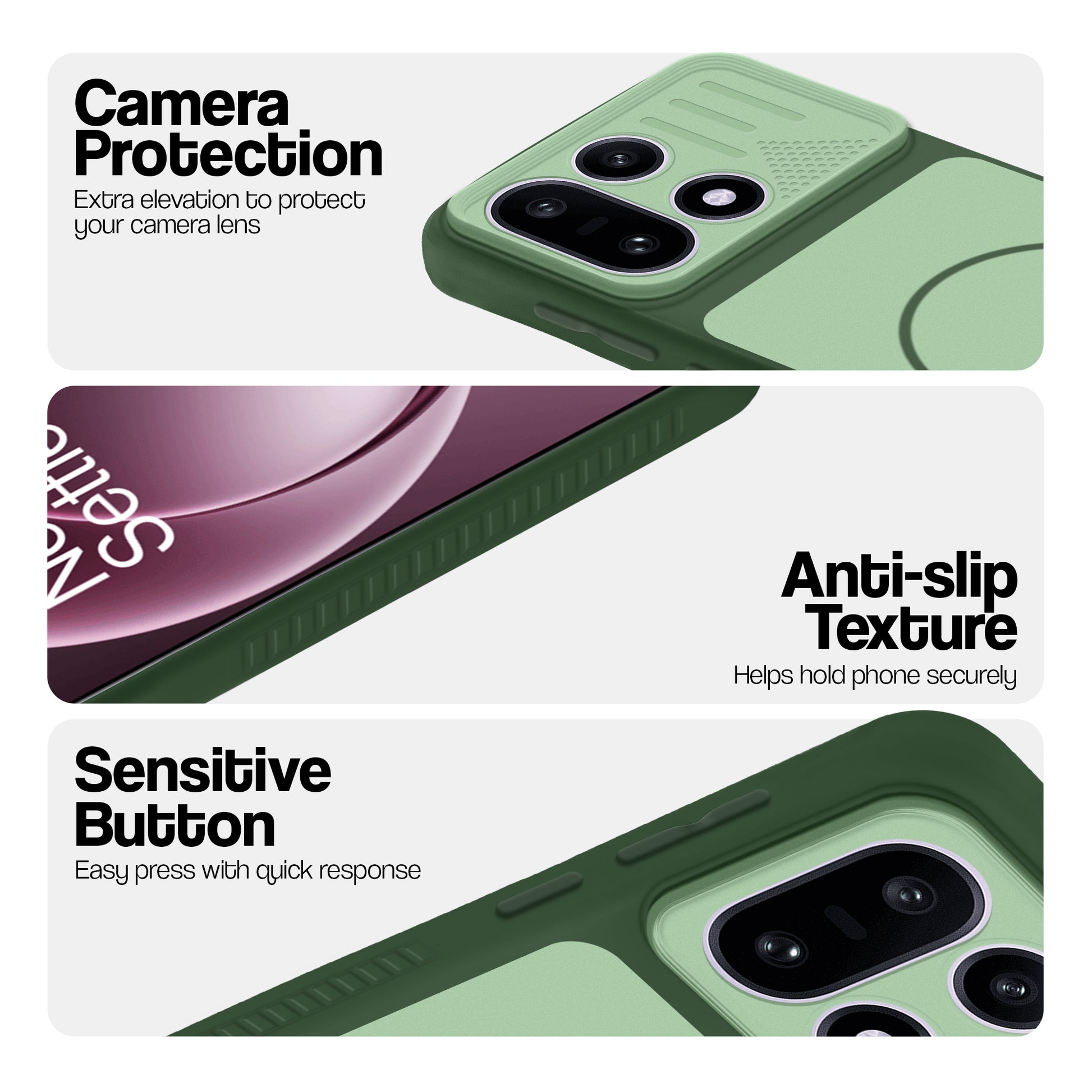Green phone case for OnePlus 15 5G showing camera safety edges, anti slip side grip and easy press button covers.