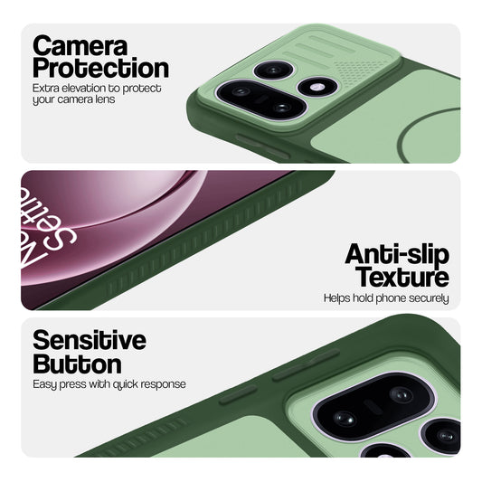 Green phone case for OnePlus 15 5G showing camera safety edges, anti slip side grip and easy press button covers.