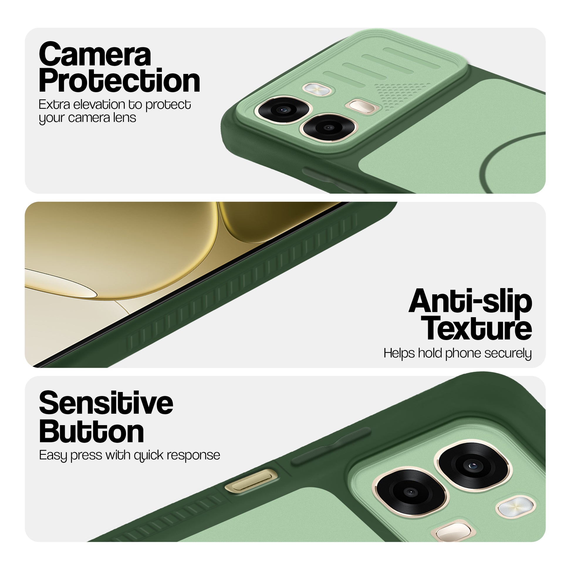 Green phone case for Oppo A6 Pro 5G showing camera safety edges, anti slip side grip and easy press button covers.