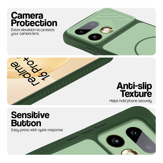 Green phone case for Realme 16 Pro Plus 5G showing camera safety edges, anti slip side grip and easy press button covers.