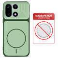 Green back cover for OnePlus 15 5G with printed ring pattern and message showing not compatible with MagSafe charging.