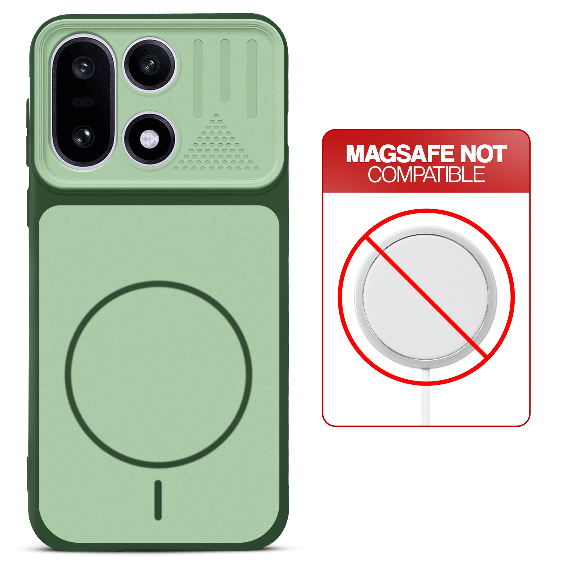 Green back cover for OnePlus 15 5G with printed ring pattern and message showing not compatible with MagSafe charging.