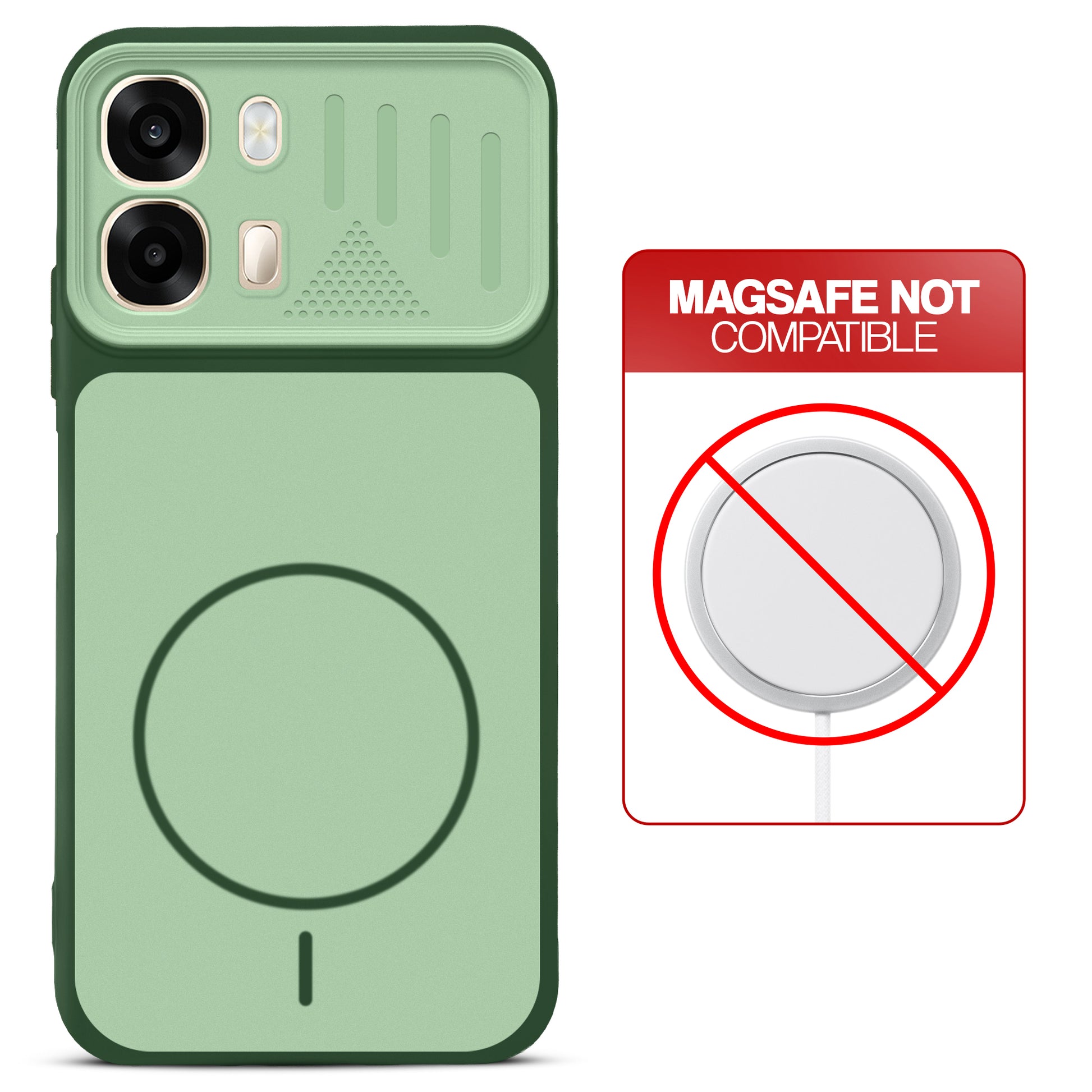 Green back cover for Oppo A6 Pro 5G with printed ring pattern and message showing not compatible with MagSafe charging.