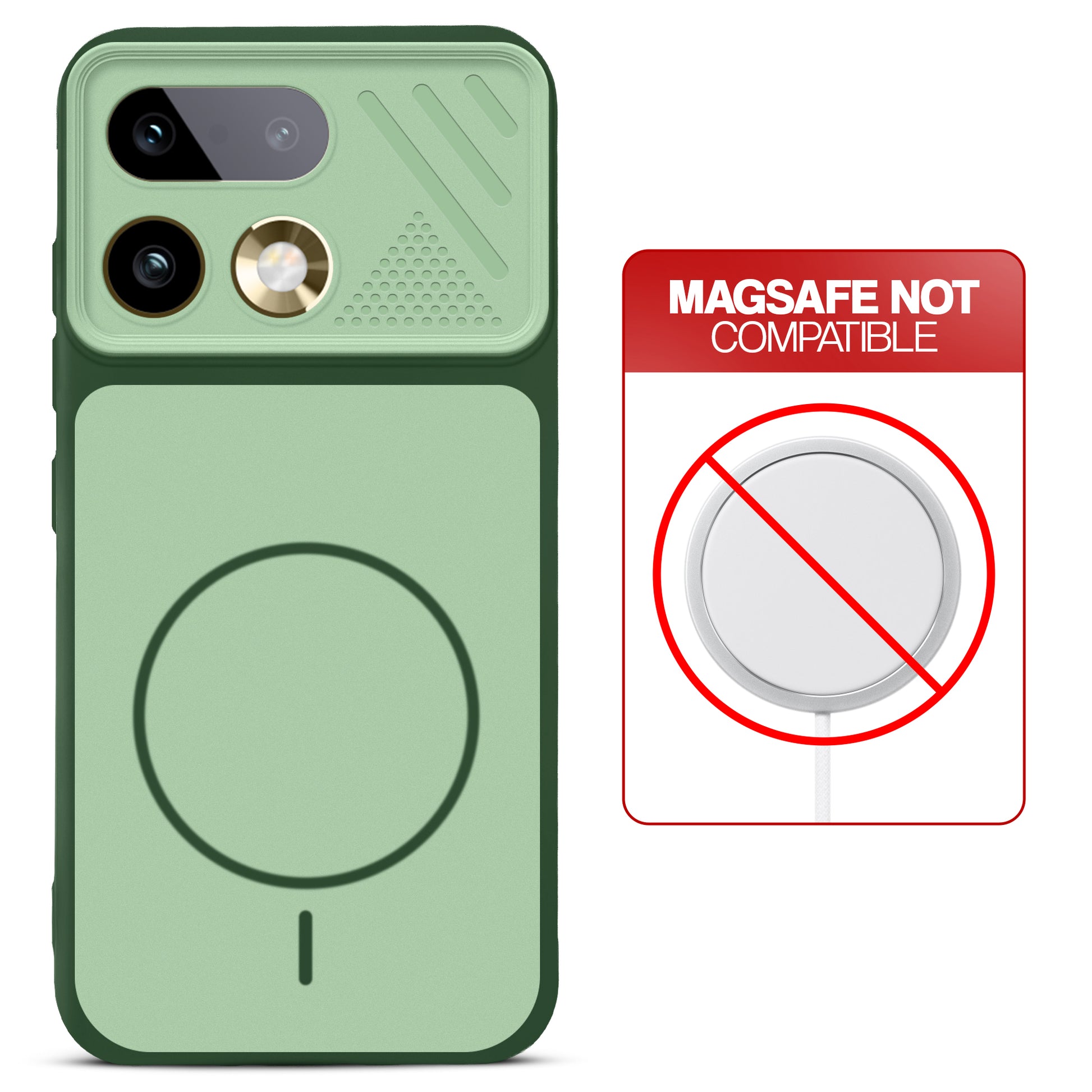 Green back cover for Realme 16 Pro Plus 5G with printed ring pattern and message showing not compatible with MagSafe charging.