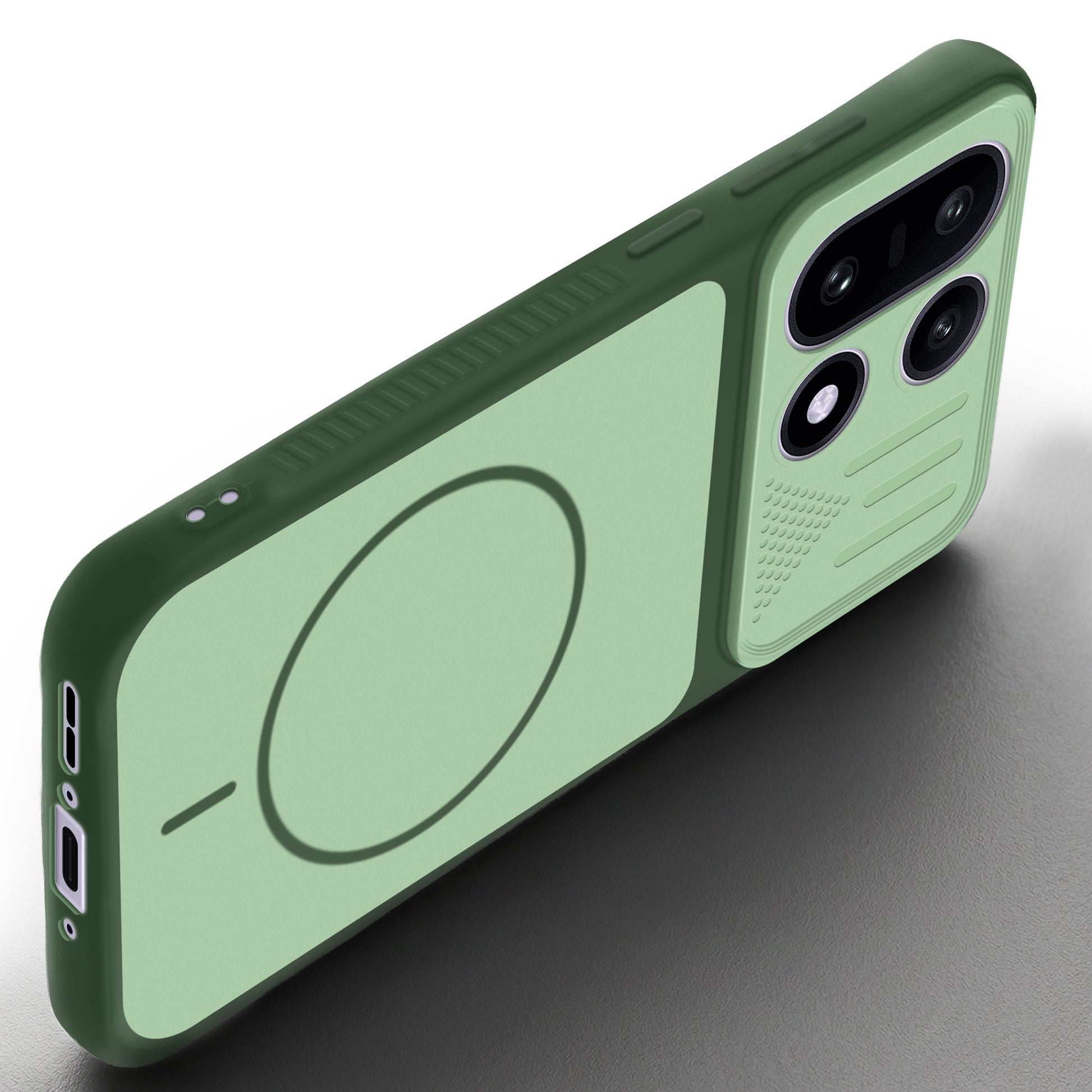 Angled view of Green mobile case for OnePlus 15 5G with proper charging port cutout, speaker holes and strong corner protection.