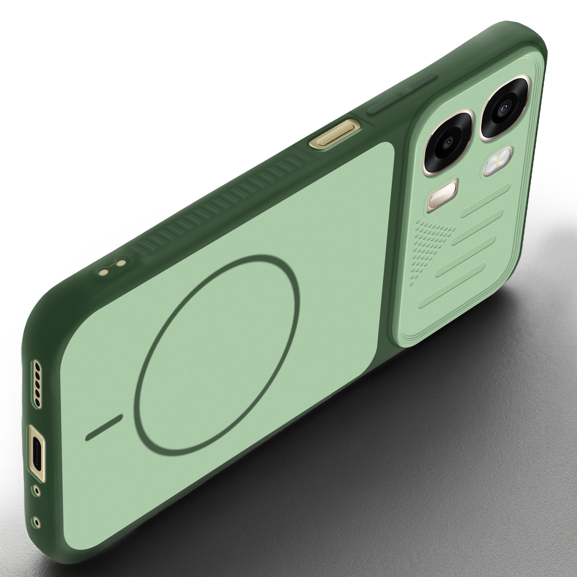 Angled view of Green mobile case for Oppo A6 Pro 5G with proper charging port cutout, speaker holes and strong corner protection.