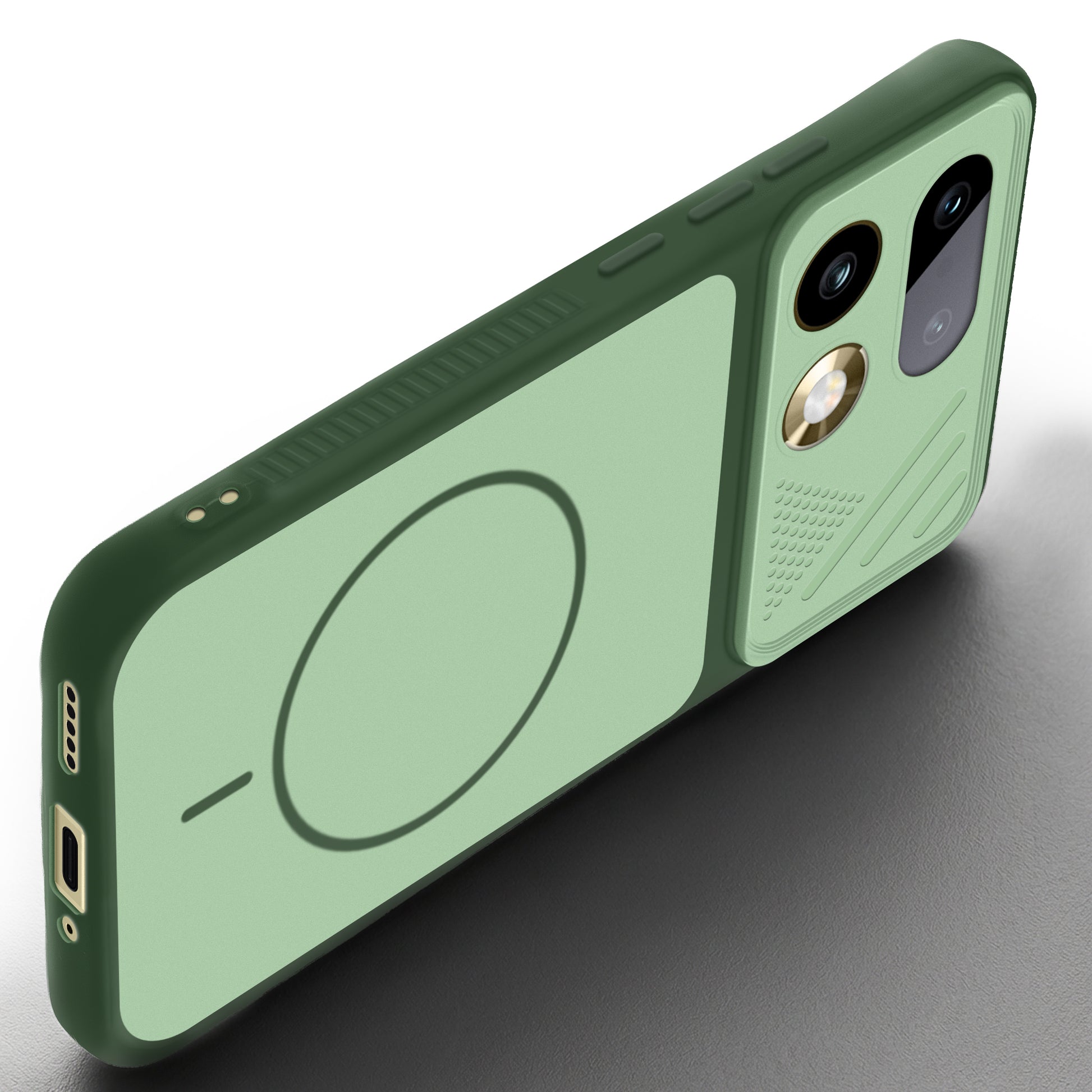 Angled view of Green mobile case for Realme 16 Pro Plus 5G with proper charging port cutout, speaker holes and strong corner protection.