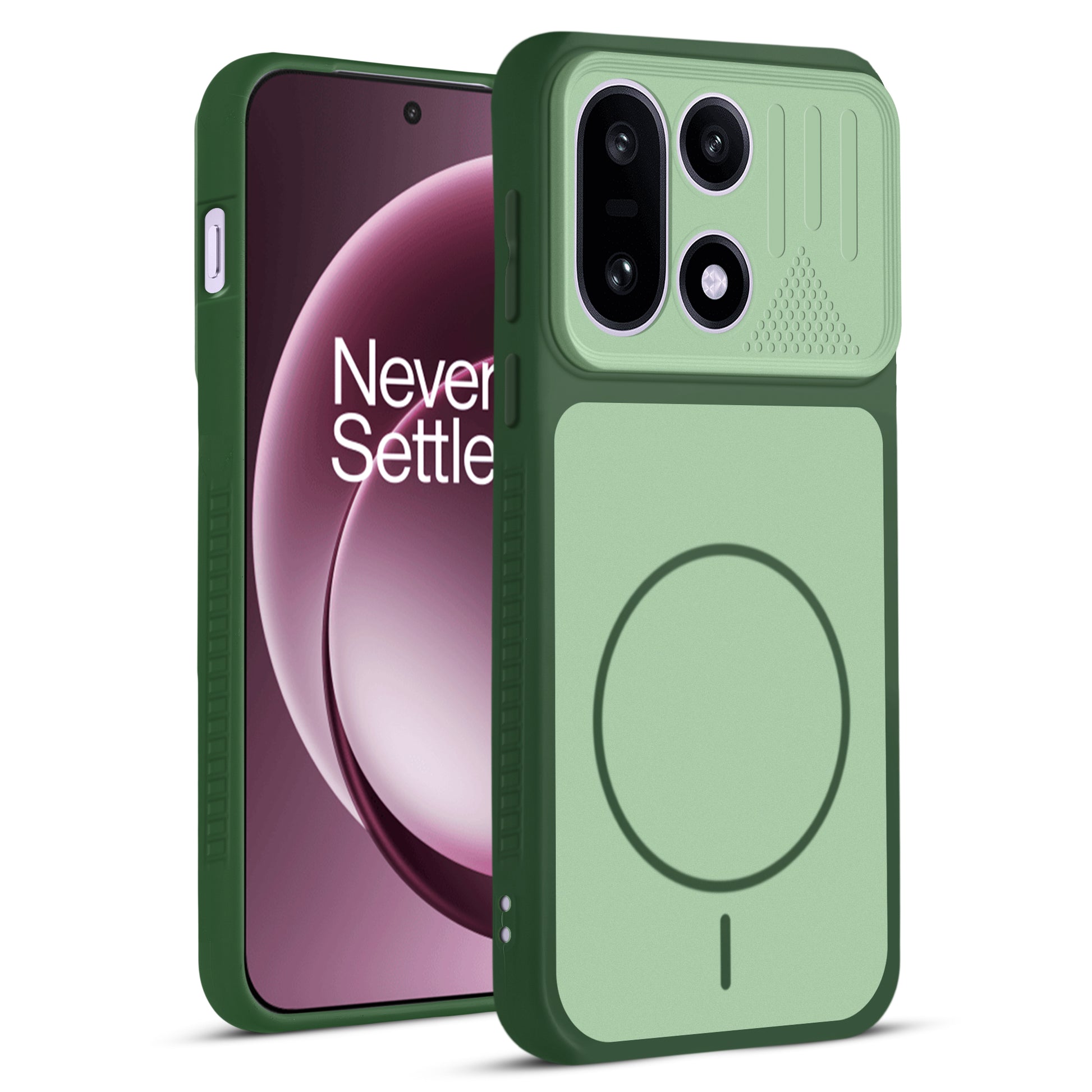 Front and back view of Green protective back cover for OnePlus 15 5G with textured sides, camera guard and slim fit design.