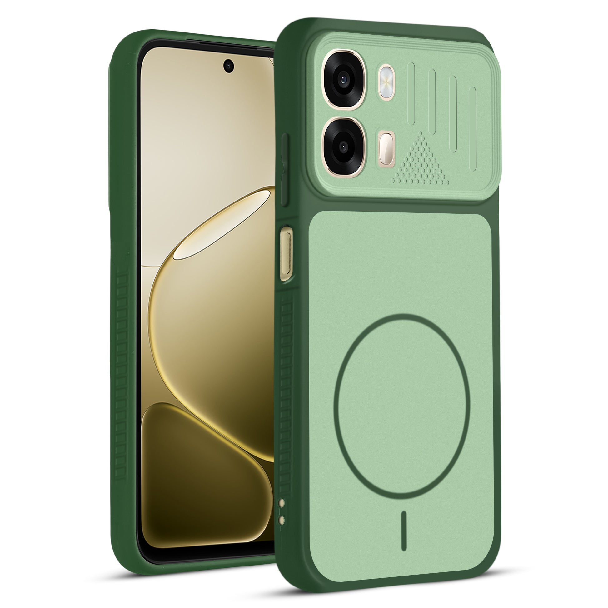 Front and back view of Green protective back cover for Oppo A6 Pro 5G with textured sides, camera guard and slim fit design.